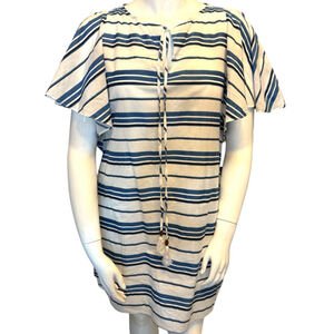 SOUVENIR LA Martina Blue Stripe Cotton A-Line Tassel Dress, L, Coastal Boho